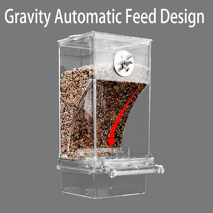 No Mess Bird Feeder for Cage, Automatic No-Spill Transparent Parrot Feeder Acrylic Cockatiel Seed Feeders with PerchParakeet Food Container Cage Accessories for Small Medium Cockatoo Finch