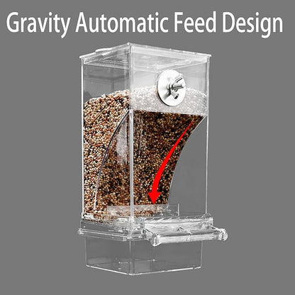 No Mess Bird Feeder for Cage, Automatic No-Spill Transparent Parrot Feeder Acrylic Cockatiel Seed Feeders with PerchParakeet Food Container Cage Accessories for Small Medium Cockatoo Finch