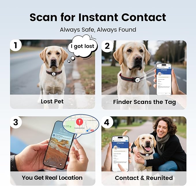 Smart Pet Tracker for Collar - Dog Trackers Location for Pet with Holder, No Monthly Fee, Real-Time Tracking, iOS Only, Emergency Contact, Long-Lasting, Anti-Lost Tracker for Cats, Bag Straps, Black