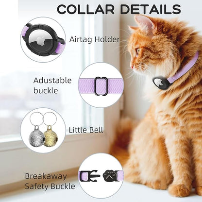 AirTag Cat Collars, Stretchy Collar with Apple AirTag Holder and Bell, Breakaway Ultra Design Elastic GPS Tracking Collars for Cats and Puppies, (7.5-12.5 Inch), Purple
