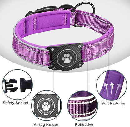 Airtag Dog Collar with Waterproof Air Tag Holder, Luminous Reflective, Soft Padded, Adjustable Nylon Pet Collar for Small Medium Large Heavy Duty Dogs,Purple, M
