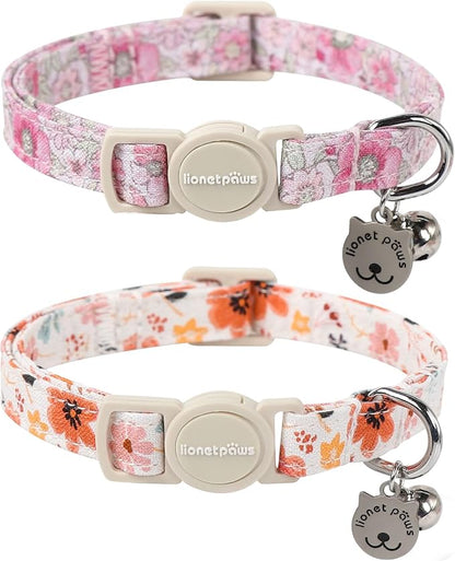 Lionet Paws 2pcs Pack Cotton Cat Collar,Breakaway Buckle with Floral Pattern and Brand Pendant Cute Adjustable Cat Kitten Collar,Ideal for Girl Cats