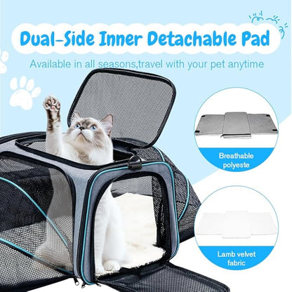 Double Expandable Cat Carrier,Airline Approved Soft-Sided Pet Travel Carrier for Small Dogs Cats under 15 lbs,Waterproof 600D Oxford Fabric with Washable Replacement Liner,Odor-Free & Claw-Proof(Blue)