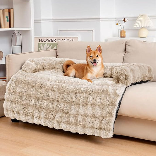 FUNNY FUZZY Pet Fluffy Plush Calming Dog Couch Bed Sofa Protector Washable Pets Mat for Large Medium Small Dogs and Cats (Coffee, 47"×33.5"×6")