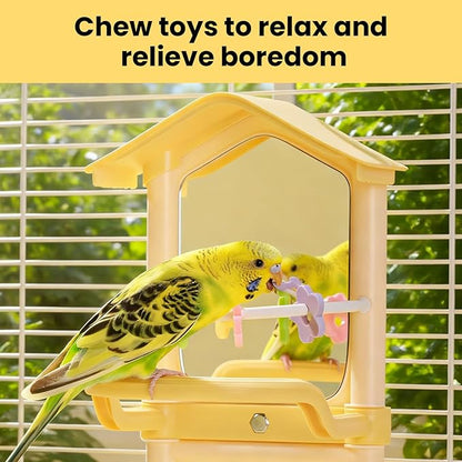 8.1 Inch Pet Bird Mirror with Perch Stand and Parakeet Chew Toys,Parrot Toys Bird Cage Decorative Accessory, Helps Birds Release Stress for Canaries Budgies Lovebirds Conures Cockatiels (Pink)