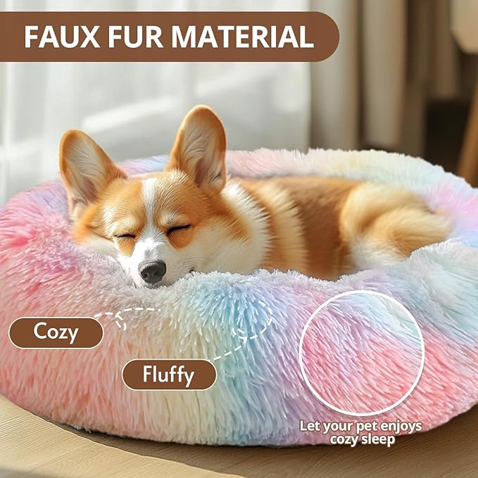 JOLLYVOGUE Calming Dog Bed for Small Dogs - 23 inches Donut Washable Small Dog Bed for Kittens & Puppies, Anti-Slip Round Fluffy Plush Faux Fur Cat Beds (Fits up to 25 lbs Pets, Rainbow)