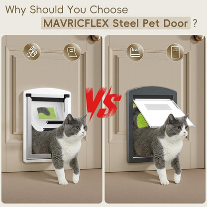 MAVRICFLEX Cat Door for Door, All-Stainless Steel Frame Cat Door with Double Soft Flaps and 2 Sliding ABS Panels for Doors, Easy to Install, Perfect for Cats and Small Dogs Under 15 LBS, White