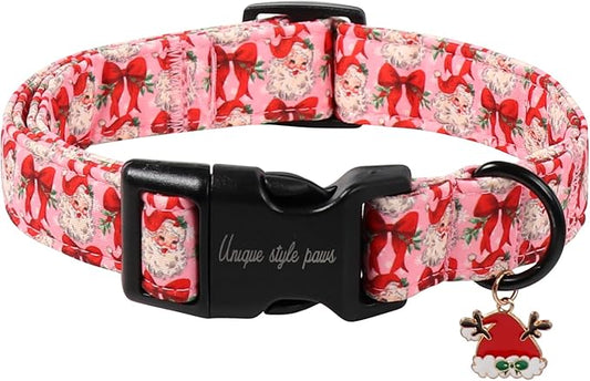 Unique Style Paws Christmas Dog Collar, Pink Dog Collar with Santa Claus Pattern, Lightweight & Adjustable Pet Collar with Plastic Buckle for Small, Medium, Large Boy Girl Dogs