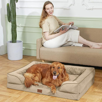 Comfort Expression Orthopedic Dog Bed for Large Dogs 36x27 Inch, Waterproof Egg Crate Foam Large Pet Bed with Removable Bolsters, Dog Couch with Washable Cover & Non-Slip Bottom, Light Brown