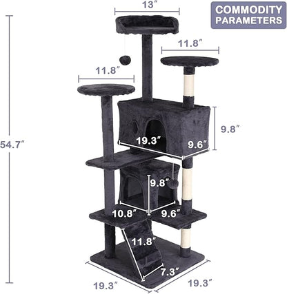 Heavy Duty Cat Tree Tower, 54" Tall Cat Tower for Indoor Cats with Cat Scratching Post with Bed, Cat Condo, Hanging Ball, Multi-Level Cat Climbing Tower Cat Trees Furniture Activity Center, Light Grey