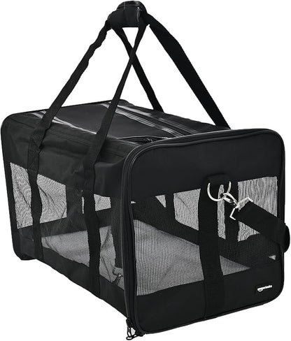 Amazon Basics Airline Approved Soft-Sided Mesh Pet Travel Carrier with Shoulder Strap, Portable, Washable Removable Fleece Pad for Dog, Cat, up to 16 pounds, 16.5" L x 10.6" W x 11" H, Black