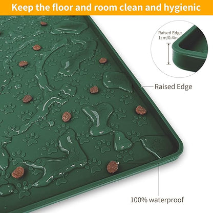 Ptlom Pet Placemat for Dog and Cat, Waterproof Silicone Pet Feeding Bowl Mats for Food and Water, Small Medium Large Dogs Mat Prevent Residues from Spilling to Floor, Hunter Green, 18" 12"