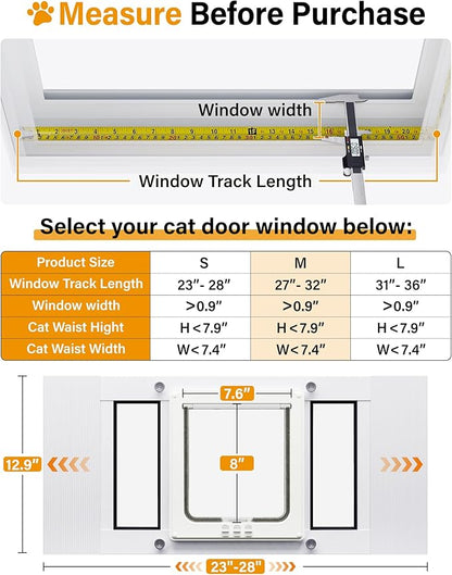 Cat Door for Window Weatherproof: Aluminum Frame Flap Pet Door Quick Fit Window Insert - Easy Adjustable to Fit Windows Width 23"-28" - 4 Secure Lock Modes with Magnetic Closure for Cats Doggy