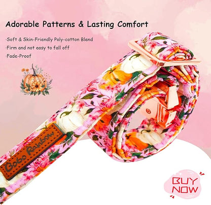 Fall Dog Collar, Pink Flower Pumpkin Print Adjustable Pet Collar Cute Cotton Soft Collars with Bow Tie Metal Buckle Holiday Puppy Collars Boy&Girl Gift for X-Large Dogs