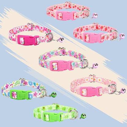 Puppy Collar with Bell，Nylon - Adjustable XXS/XS/S Tiny Dog & Cat Collar for Small Breeds,Soft Pink Collar with Quick-Release Buckle（Spring XS）