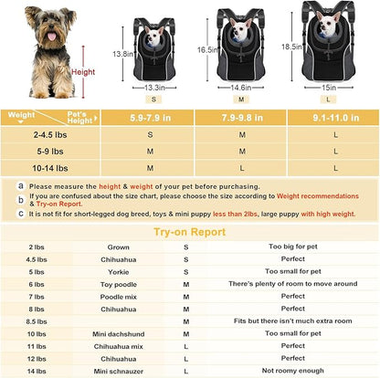 WOYYHO Pet Dog Carrier Backpack Small Dog Front Backpack Ventilated Dog Carrier Back Pack with Storage Pockets, Adjustable Straps & Safety Belt for Travel Hiking Outdoor (Size M: 5-9 lbs, Black)