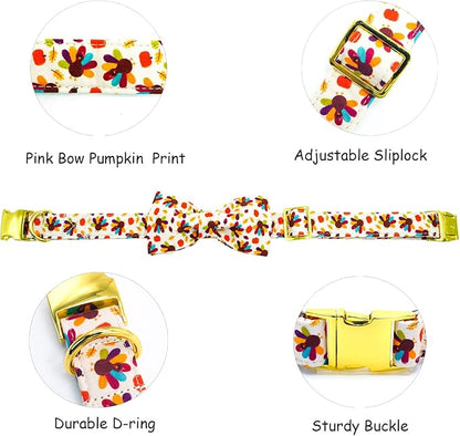 Thanksgiving Dog Collar, Turkey Dogs Collars Bow Tie Pet Collar Adjustable Pet Collars Premium Metal Buckle Autumn Leaf Necklace for Samll Dogs