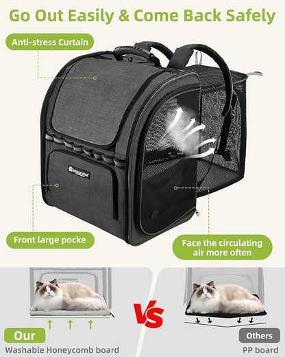 Expandable Cat Carrier Backpacks with Breathable Mesh, Pet Carrier Backpack for Cats Small Dogs Puppies Up to 20 Lbs, Dog Carrier Backpack Great for Travel/Hiking/Camping/Outdoor-Grey with Green
