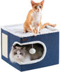 Cat Bed for Indoor Cats Cube House, Covered Cat Cave Beds & Furniture with Scratch Pad and Hideaway Tent, Cute Modern Cat Condo for Multi Small Pet Large Kitten Kitty, Navy