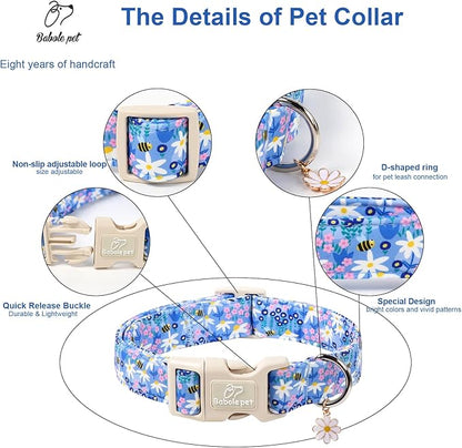 Floral Dog Collar for Medium Dogs - Cute Spring Dog Collars, Soft Lightweight Bee & Daisy Puppy Collar, Breathable Adjustable Male Female Blue Wildflowers Dogs Collars M