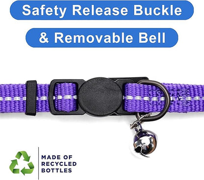 Pawtitas Recycled Purple Reflective Cat Collar – Eco-Friendly Breakaway Safety Buckle, Adjustable Kitten & Adult Collar with Removable Bell and High-Visibility Strap