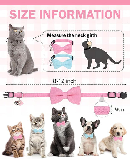Cat Collar Breakaway with Bells, Soft Cotton Pink Cat Bowtie Collar for Girl Cats, Small Cats Collar with Bow for Spring Summer, 2 Pack Cute Kitten Collars with Removable Bowtie 8-12Inch