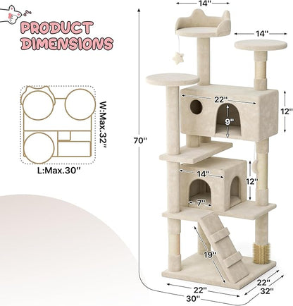 MoNiBloom 70 Inch Cat Tree Tower for Indoor Cats Large Adults, Tall Cat Tower with Scratching Post, Multi-Level Furniture Activity Center with Cat Condo Pet Play House, Beige