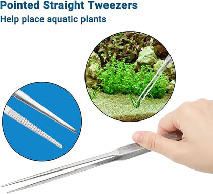 Segarty Aquarium Aquascaping Tools, 6 in 1 Stainless Steel Silver Aquascaping Tools Kit for Aquatic Plant Fish Tank, Long Scrapers Spatula Feeding Tweezers Curved Straight Scissors Aquarium Tools