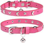 Leather Cat Collars for Boy Girl Cats with Bell and Safety Elastic Belt, Personalized Star and Moon Stud Adjustable Safe Buckle Collar for Kitty Small Big Cats Size 8-12 Inch, Rose