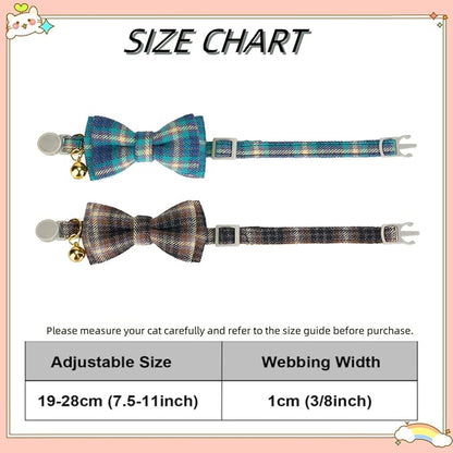 2 Pack Soft Cotton Cat Collars with Bowtie and Bell Breakaway Plaid Cat Kitten Collar(Ocean Blue and Mocha Tweed)