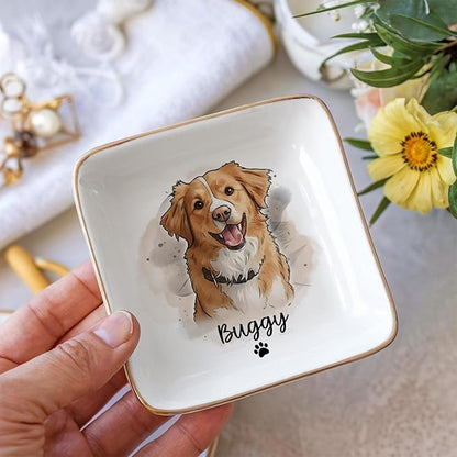 Custom Dog Cat Portrait Ring Dish, Personalized Pet Trinket Dish with Pet Photo & Name, Dog Mom Jewelry Tray, Engagement Gift, Keepsake for Dogs Lovers, Wedding, Pets Memory Gifts
