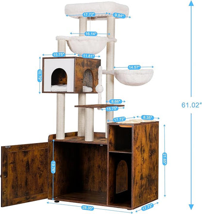 Hey-brother Cat Tree with Litter Box Enclosure, Modern Cat Tower for Indoor Cats with Large Platform, Condo Food Station and 2 Hammocks, All-in-one Cat Furniture, Wood Rustic Brown MPJ115SR