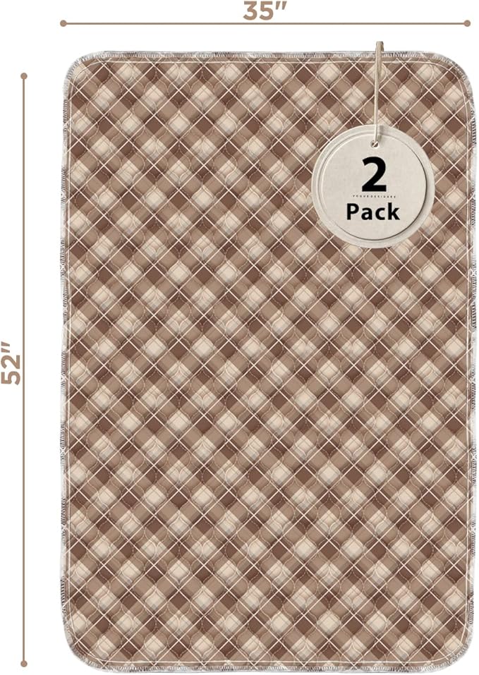 Non-Slip Bed Pads for Incontinence Washable (36" x 52"|2 Pack), Waterproof Bed Pads, Brown Grid, Bed Wetting Pads for Bed, Sofa, Floor, Resuable Underpads for Adults, Seniors, Pet