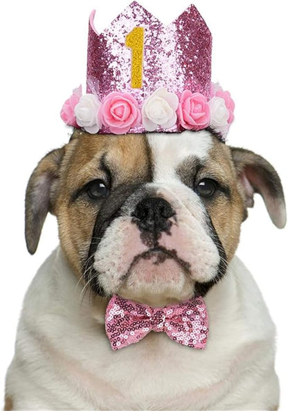 Pet Birthday Hat, Dog Birthday Crown Hat and Bowtie with 0-9 Figures Charms Party Accessories for Small Medium Dogs Cats (PINK)