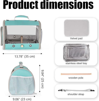 Long Tail Portable Bird Travel Carrier Cage with Metal Tray Soft Mat and Wooden Standing Perch, Hands Free Lightweight Clear 2 Windows Carry Bag for Parakeet Budgies Cockatiel Transport to Vet