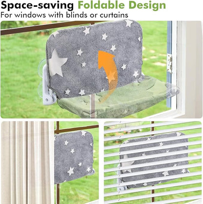 2PC Cat Window Perch, Glow in The Dark Cordless Foldable Pet Hammock Bed for Window with Sturdy Metal Frame, Glowing Stars Pattern Resting Seat for Indoor Cats (2PC Stars - M)