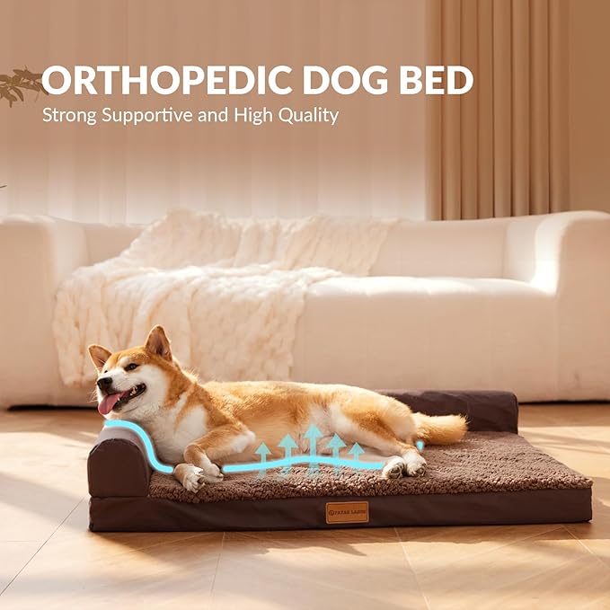 Patas Lague Orthopedic XL Dog Bed Large Sized Dog 42''X28'', Waterproof L Bolster Big Large Pet Sofa Beds with Removable Washable Cover, Soft Comfortable Pet Couch Crate Mat with Nonskid Bottom, Brown