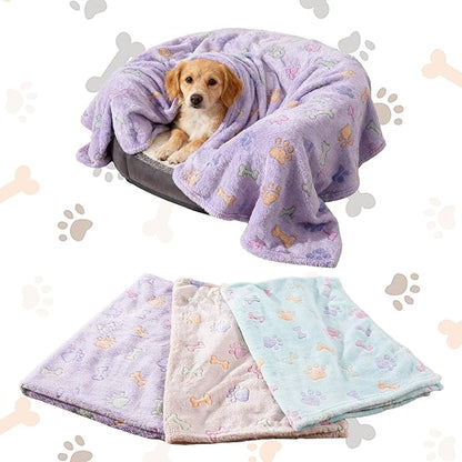Rezutan Dog Blankets Throw 3 Pack for Large Medium Pet Cat Soft Fuzzy Blankets Washable,Reversible Paw Print for Dog Kennels-Beds, Sofas, Furniture Protection,41 x 31 inch, Purple/Green/Brown