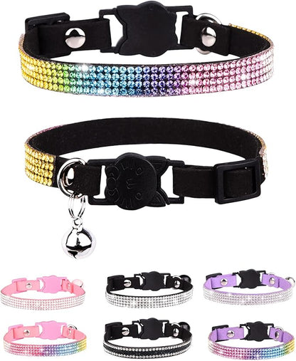 Cat Collars for Girl Cats with Rhinestone Soft Velvet,Breakaway Cat Collars with Bell,Adjustable Safe Kitten Collar (Multicolour Black)