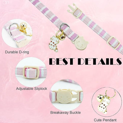 Elegant little tail 2 Pack Cat Collar-Pink Strip Cotton Breakaway Cat Collars with Bell Pendant Kitten Girl Safety Adjustable Collar for Small Cats Puppy