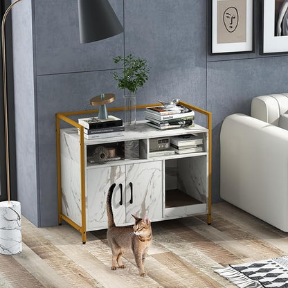 Giantex Cat Litter Box Enclosure - Cat Washroom Hidden Furniture with Front Entry, Scratcher, 2-Door Storage Cabinet, 2 Compartments, Air Vents, Metal Frame, Wooden Pet Crate House (Marble White)