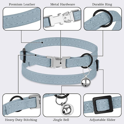 Leather Cat Collar with Buckle and Removable Bell - Non Breakaway Adjustable Soft Safety Small Pet Collars for Girl Boy Cats Kitten (Cornflower)