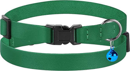 Breakaway Cat Collar with Bell - Leather Adjustable Kitten Collars with Safety Quick Release Buckle - Soft Small Pet Collars for Girl & Boy Cats (Green)