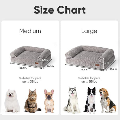 FUKUMARU Dog Couch Bed, Corduroy Cozy Cat Bed for Indoor Cats with Washable Cover, 28in Waterproof Orthopedic Dog Beds Sofa for Small Dogs and Large Cats, Cute Warm Cotton Pet Sofa, Grey