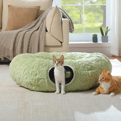 PEQULTI Cat Tunnel with Bed for Indoor Cats, Cat Play Donut Tunnel with Washable Soft Plush Mat, Round Tube Toys Cute Tube for Kittens, Puppies, Rabbits and Ferrets, Green