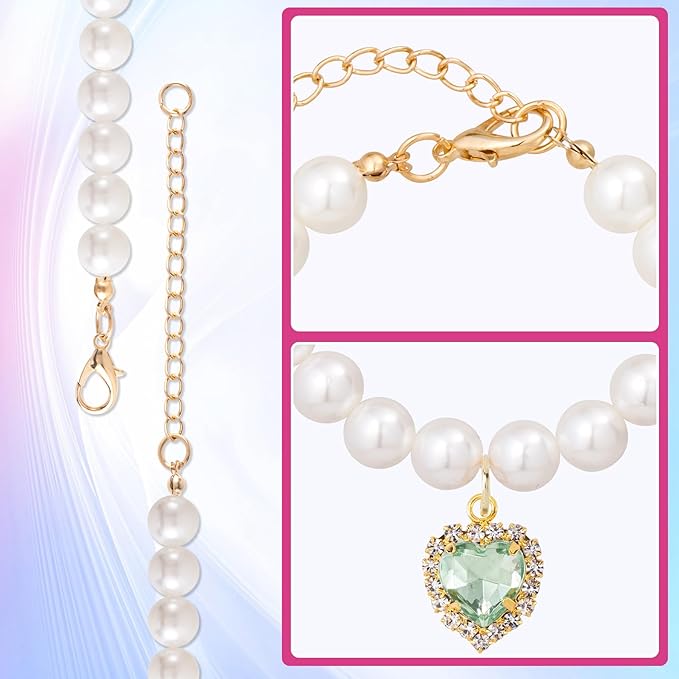 2pcs Cat Pearl Collar with Heart Pendant, Cute Pearl Pet Necklace in Small, Adjustable Wedding Party Small Dog Jewelry Accessories for Puppy Kitten- Green & Purple
