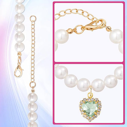 2pcs Cat Pearl Collar with Heart Pendant, Cute Pearl Pet Necklace in Small, Adjustable Wedding Party Small Dog Jewelry Accessories for Puppy Kitten- Green & Purple