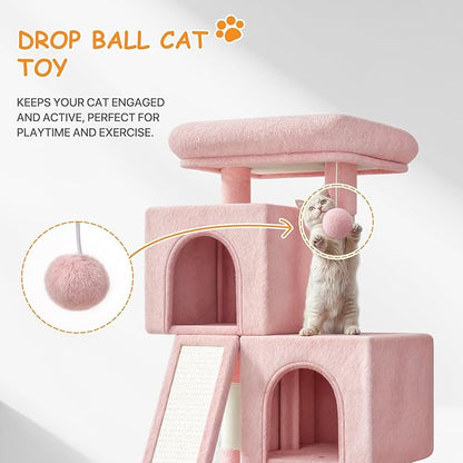 34'' Small Cat Tree with 2 Condos, Sisal Scratching Posts & Board, Multi-Level Climbing Tower for Indoor Cats, Sturdy Light Grey Cat Activity Center - Soft Pink