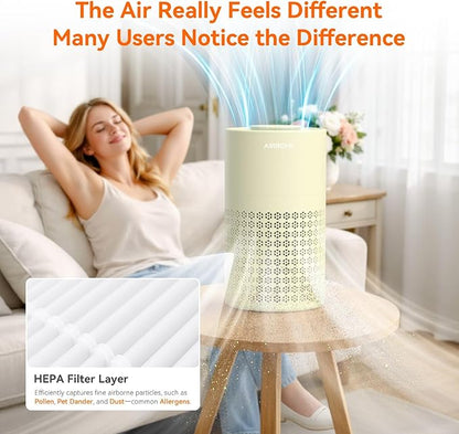 AIRROMI Air Purifier for Bedroom with HEPA Fet Filters, Pet Air Purifiers for Home Cat Pee Smell, Covers Up to 990Ft², Quiet 360° intake Air Cleaner for Allergies Dust Smoke Odor A2001 Yellow
