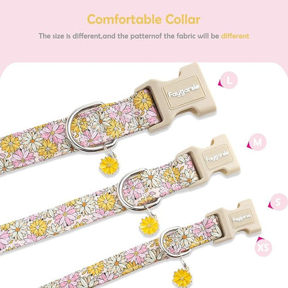 Faygarsle Floral Girl Dog Collar, Cotton Fabric with Daisies Pattern, Pink and Yellow Summer Spring Design for Small Medium Large Dogs L